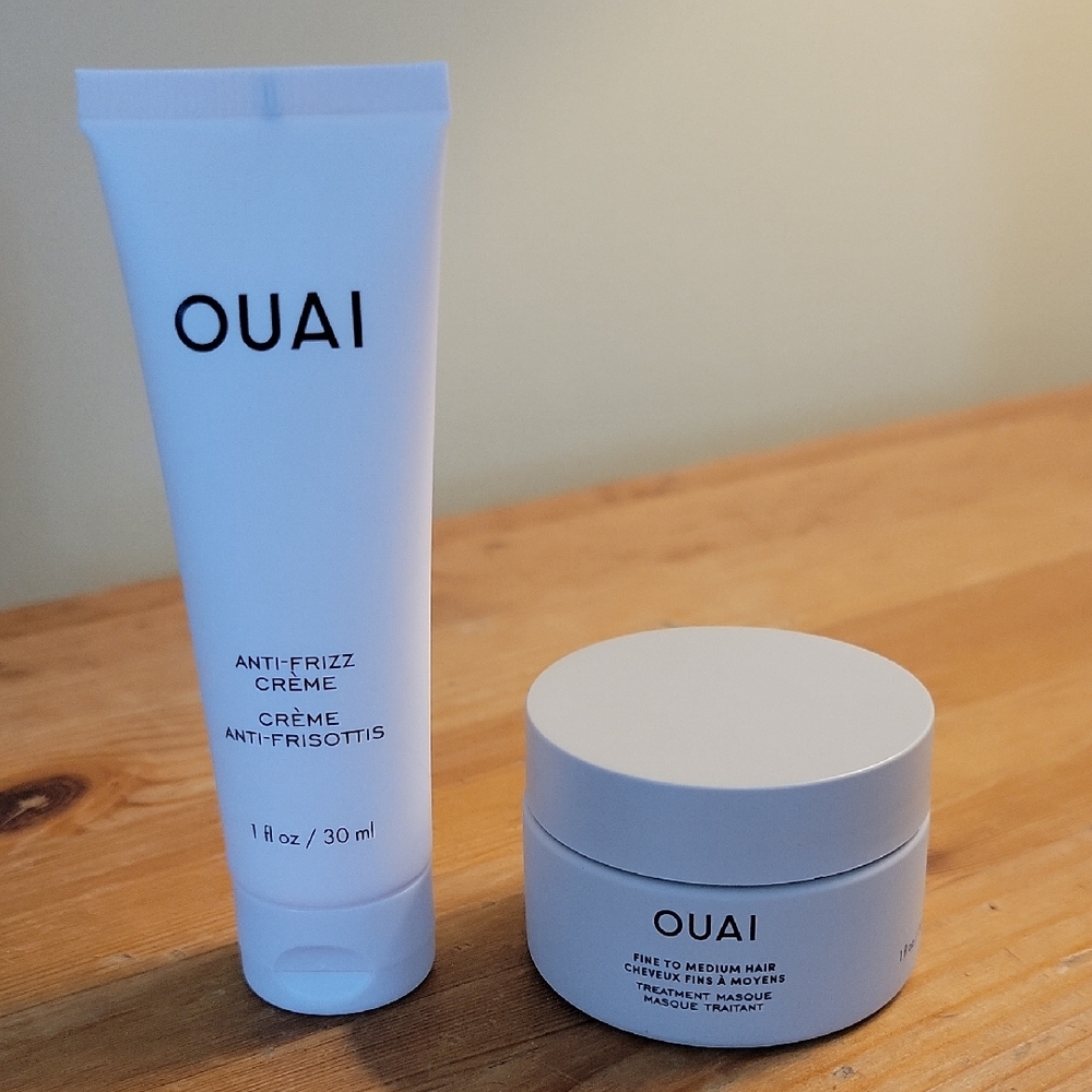 OUAI Hair Care Duo, Anti Frizz Creme 1 oz and Treatment Masque 1 oz.